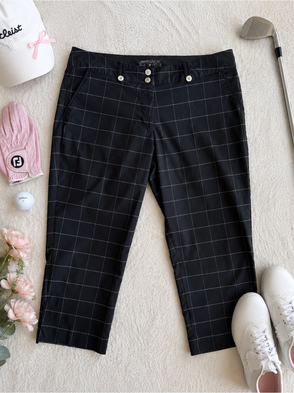 Nike Golf Dri-FIT Black Windowpane Plaid Cropped Golf Pants Women’s Size 12